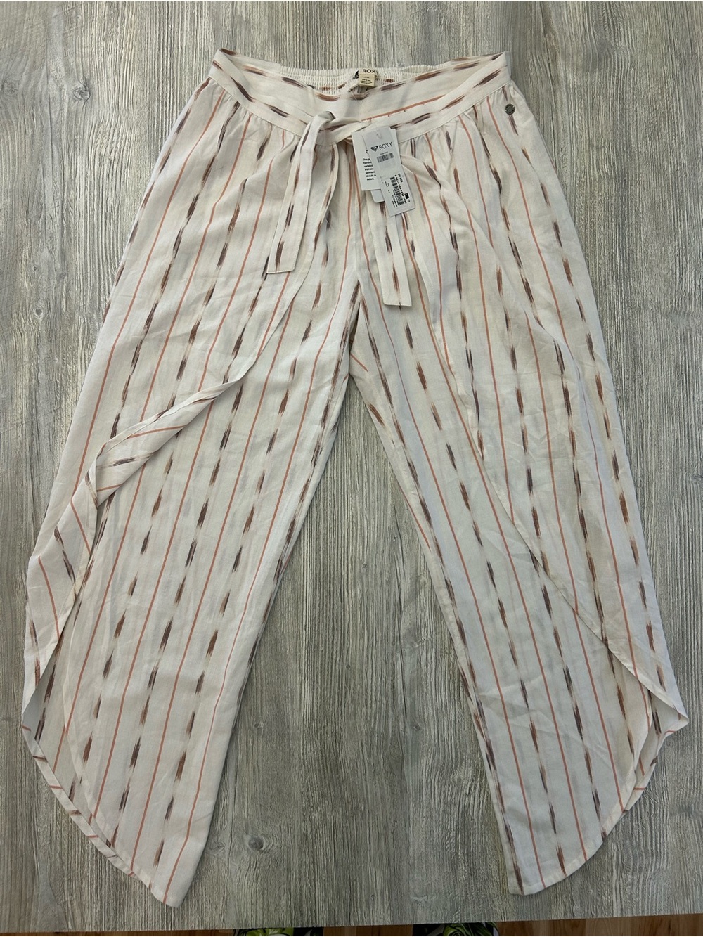 NWT Roxy Jessa Wrap Beach Pants Cream Striped Wide Leg Slit Medium Tie Waist